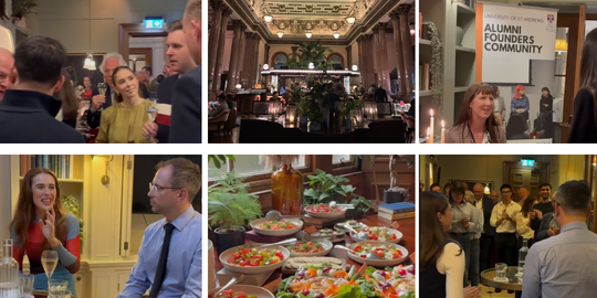 A group of 6 images displaying groups of founders at the event chatting, the event space and the food on offer.