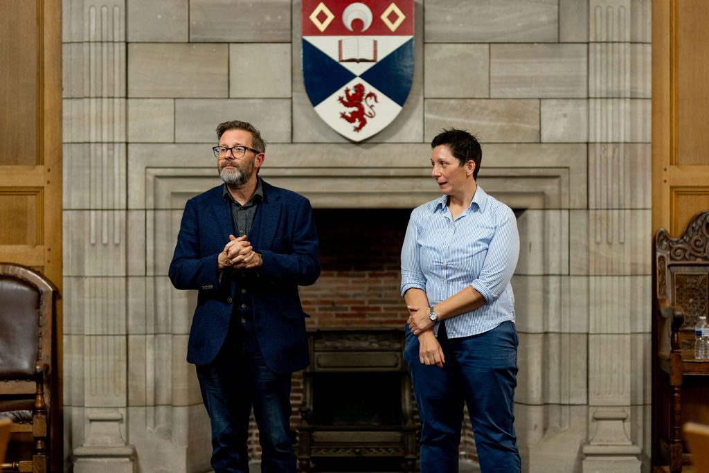 Brian Baglow and Carol Clark speaking at the EdenTay Founders Community Games Night during Innovation Week 2026 at the University of St Andrews.